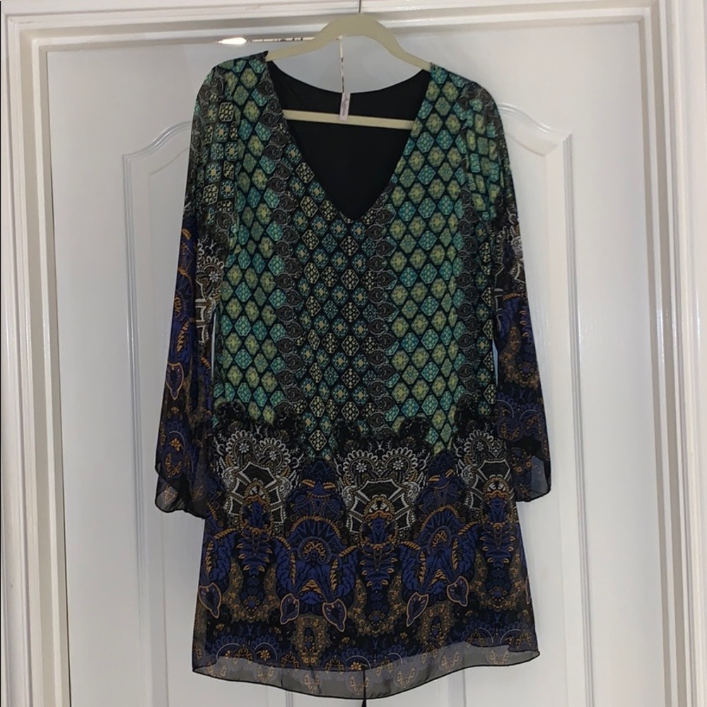 Printed Bell sleeve neck dress sheer sleeves